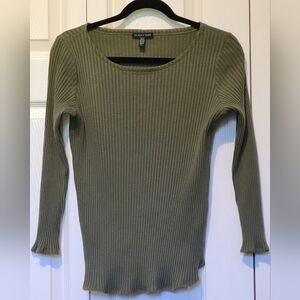 Eileen Fisher Ribbed Top Olive Green Ruffled Hem Long Sleeves Tencel Spandex EUC